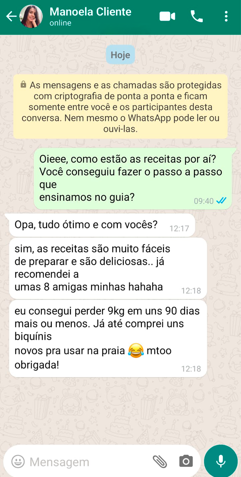 Depoimento da cliente Manoela no WhatsApp: perdeu 9kg em 90 dias