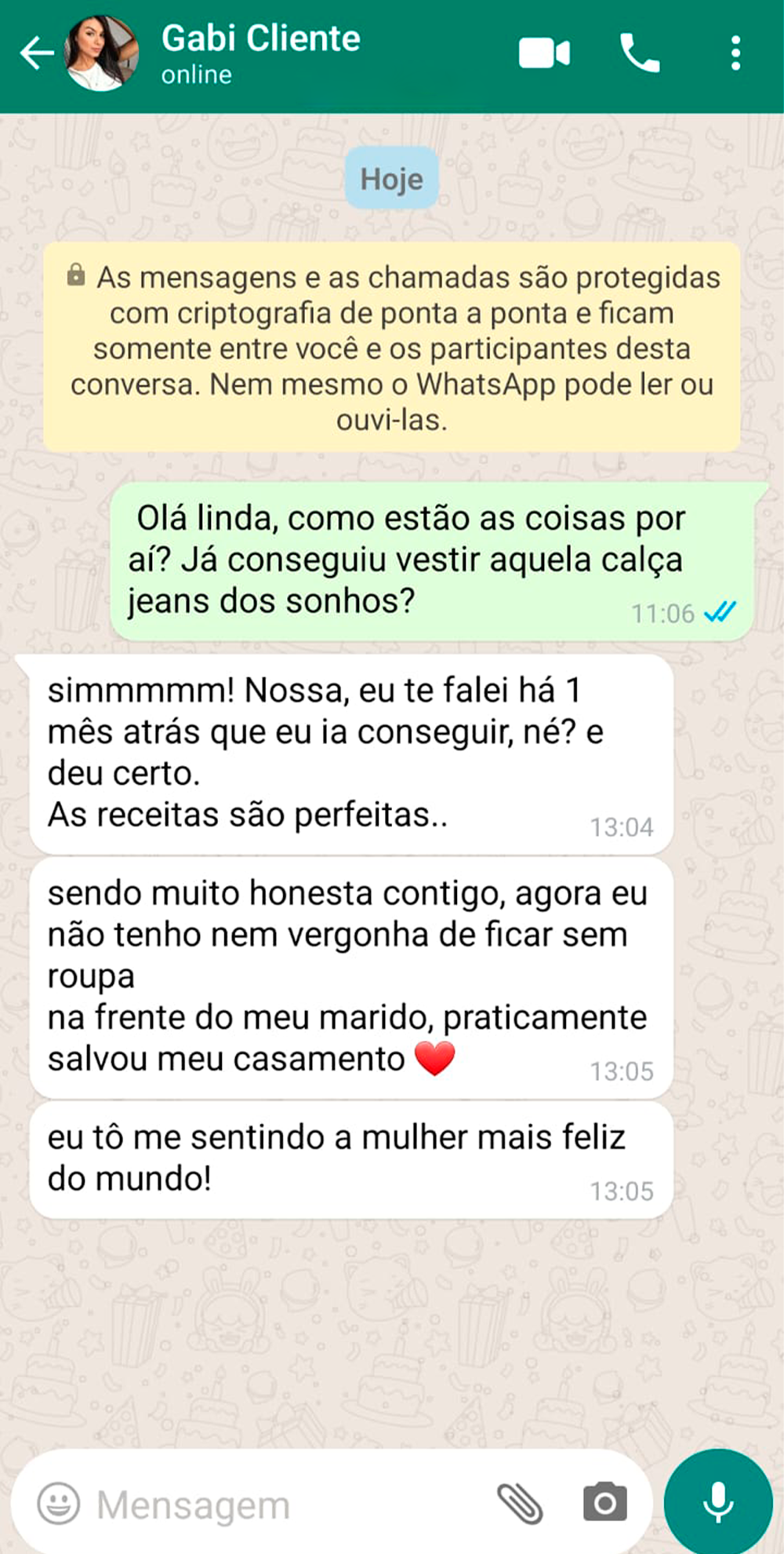 Depoimento da cliente Gabi no WhatsApp: voltou a vestir a calça dos sonhos